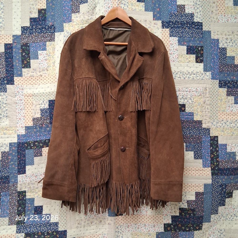 True Vintage Sears Mens Leather Western Fringe Jacket Brown Size 46 / Large